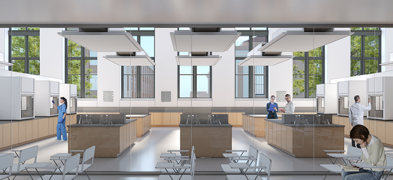 A rendering of a typical lab in the renovated Fraser Hall, including an adjacent student reading room to prep for lab projects