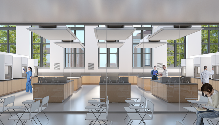 A rendering of a typical lab in the renovated Fraser Hall, including an adjacent student reading room to prep for lab projects