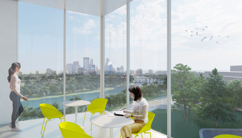 A rendering of a "perch" space where students can gather and overlook the Mississippi River