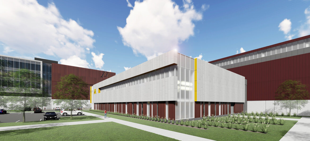 An exterior rendering of the new gymnastics practice facility.