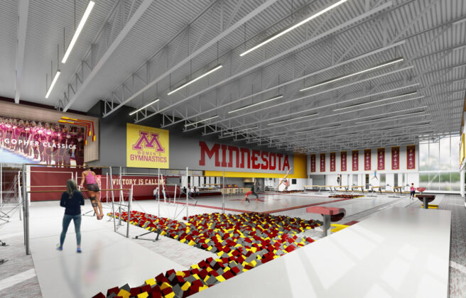 An interior rendering of student-athlete gymnasts practicing in the new branded facility.