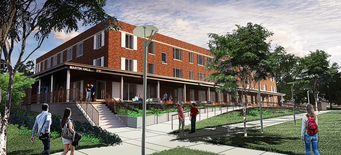 An exterior rendering of the renovated Martin Hall.