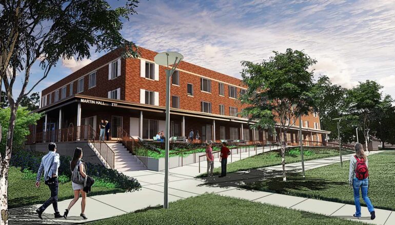 An exterior rendering of the renovated Martin Hall.