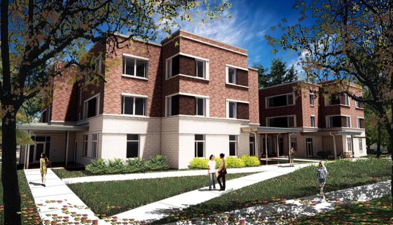 An exterior rendering of the new sorority housing in the fall.
