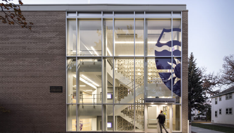 Exterior entry of the Morrison Family School of Health building.