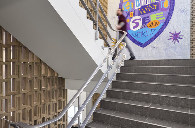 The renovated and branded Morrison School of Health stairwell.