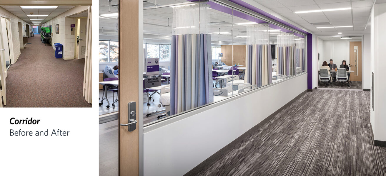 A Morrison School of Health corridor has windows into the nursing simulation lab and a conference room.