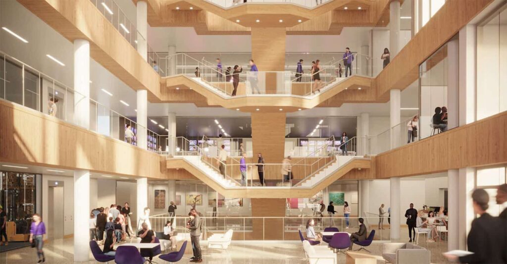 Rendering of the main atrium with branded furniture and open views to all floors.