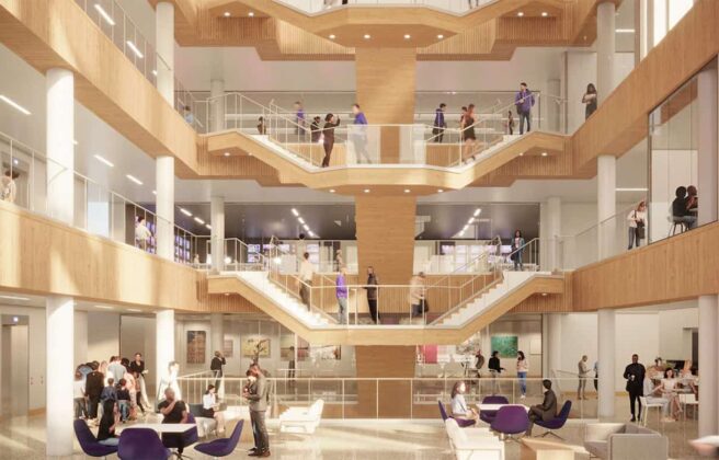 Rendering of the main atrium with branded furniture and open views to all floors.