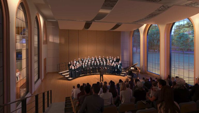 Rendering of the chorale hall with floor to ceiling arches that allow views into and out of the space.