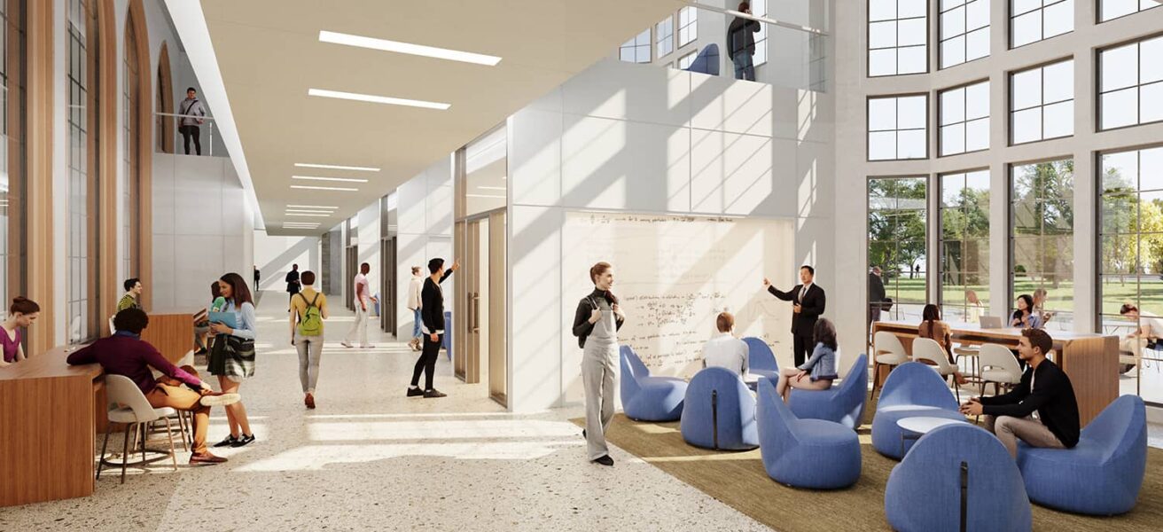 Rendering of one of the student collaboration spaces with access to daylight and a variety of furniture options.