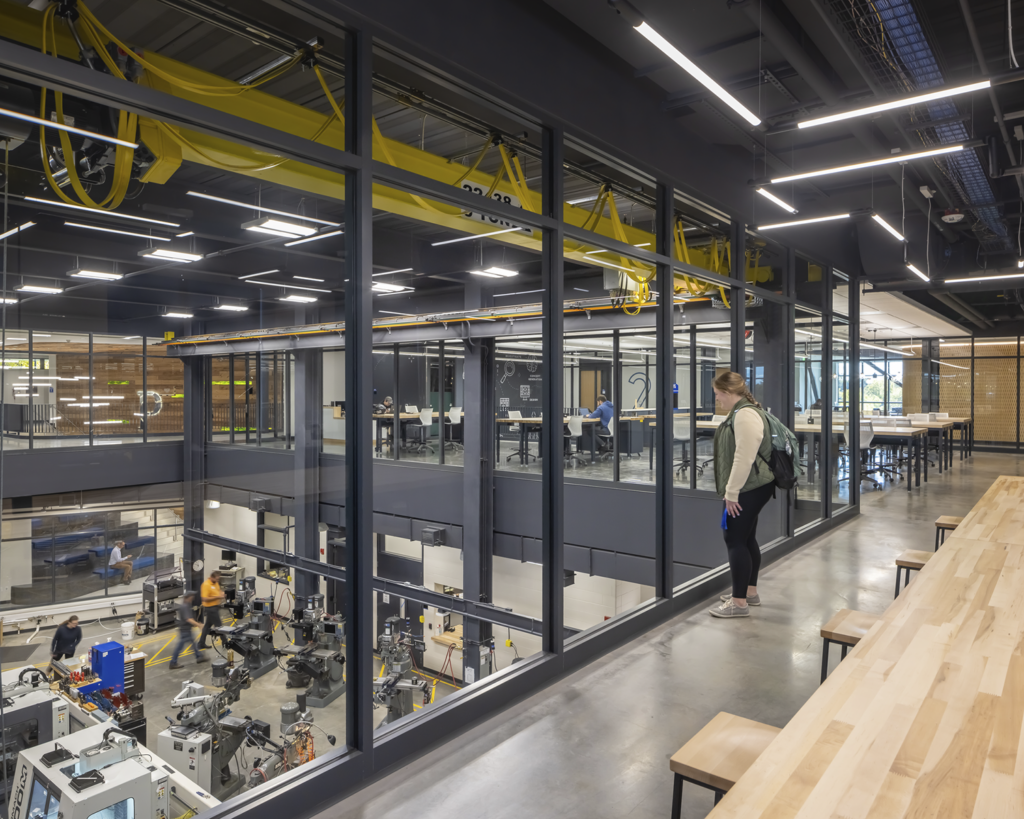 View from the second floor down into the Innovation Center hub.