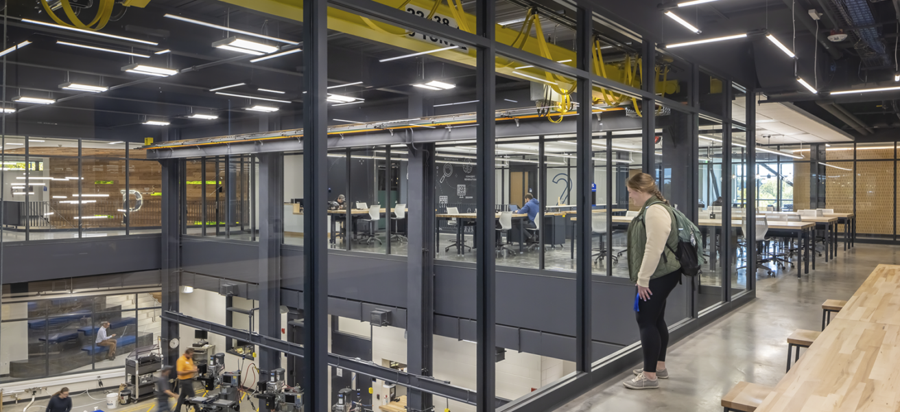 View from the second floor down into the Innovation Center hub.