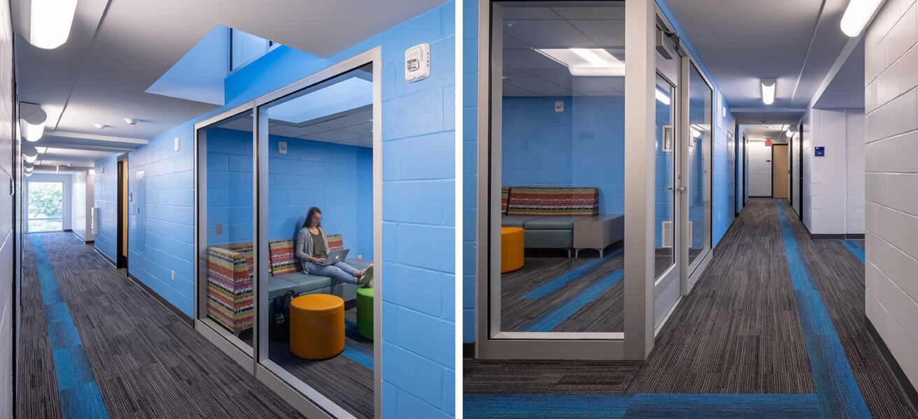 Two views side by side of the blue living community's study spaces and corridor