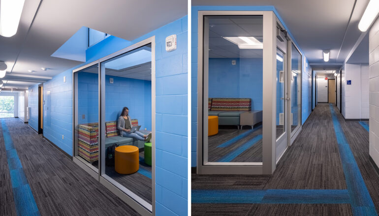 Two views side by side of the blue living community's study spaces and corridor