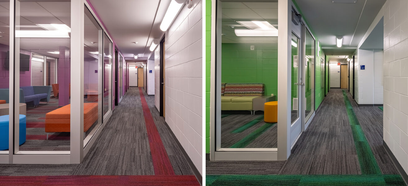 A side-by-side comparison of the purple and green living community's corridors, which feature study rooms