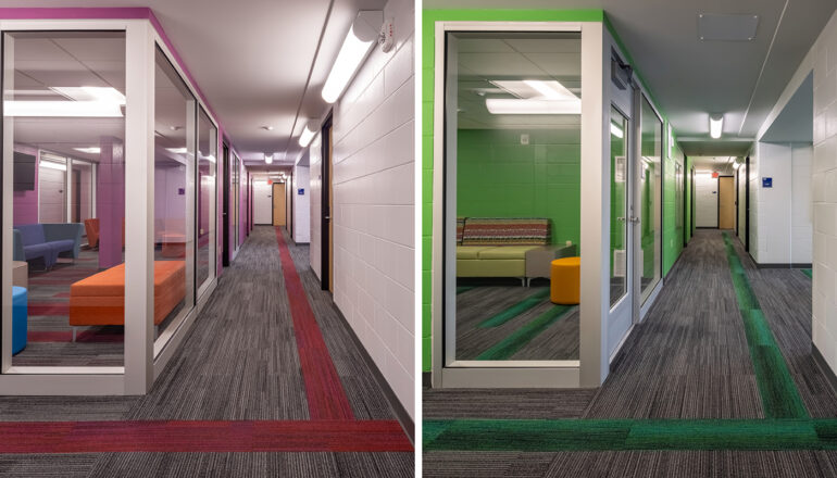 A side-by-side comparison of the purple and green living community's corridors, which feature study rooms