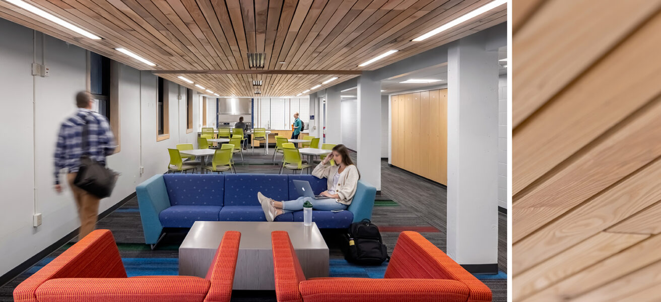 Students use a study room in North Residence Hall. Red, blue, and green furniture brightens the space and a detail wood slat ceiling photo shows recycled boards from the project