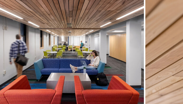 Students use a study room in North Residence Hall. Red, blue, and green furniture brightens the space and a detail wood slat ceiling photo shows recycled boards from the project