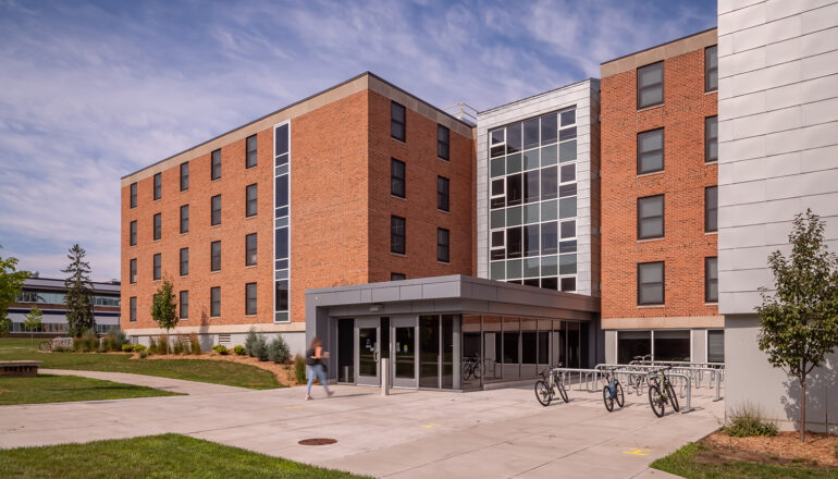 Exterior view of the main North Residence Hall entry