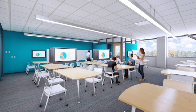 A senior design lab/classroom with large monitors for easy discussion.