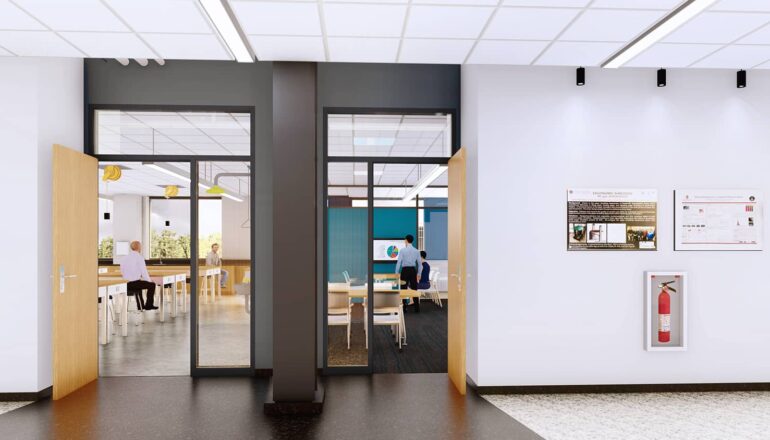 Corridor view into senior design labs.