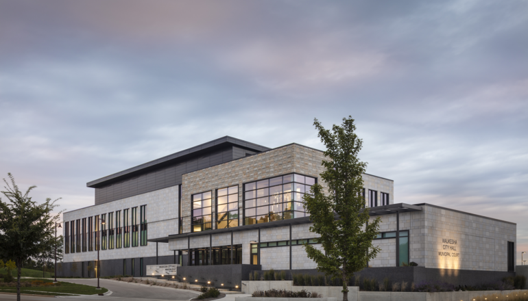 Front corner view of the new Waukesha City Hall.