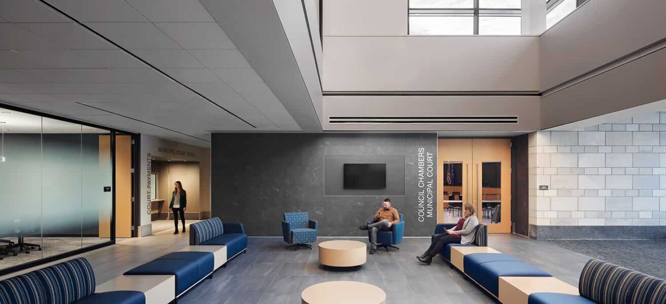 The atrium entry in the City Hall with public seating, access to daylight, and easy wayfinding to the Council chambers.