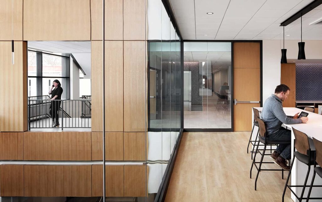 View through the work cafe into the atrium beyond.