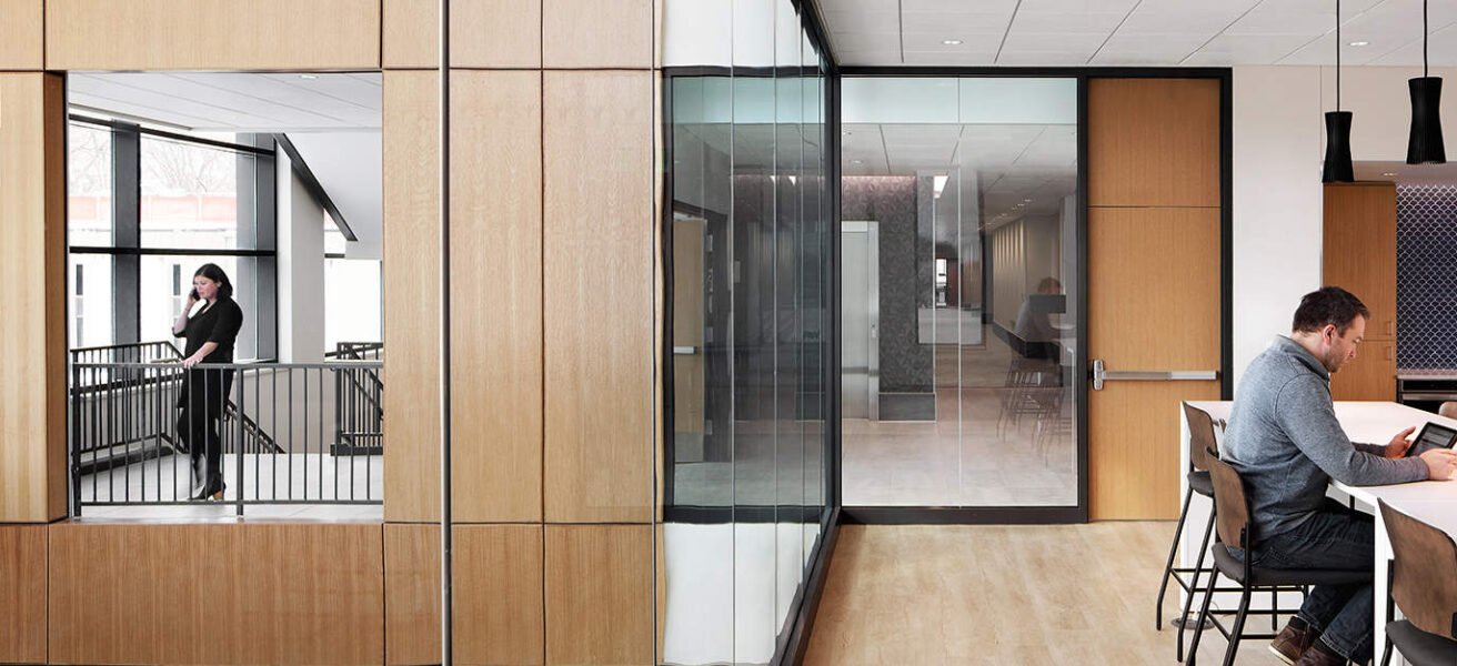 View through the work cafe into the atrium beyond.