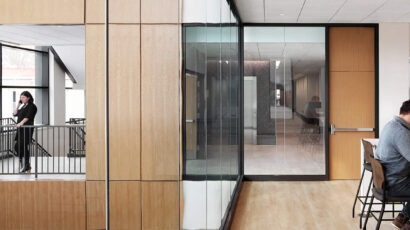 View through the work cafe into the atrium beyond.