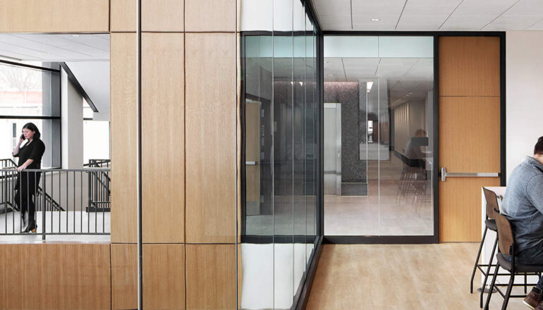 View through the work cafe into the atrium beyond.