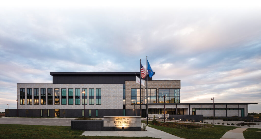 Front head-on view of the new Waukesha City Hall.