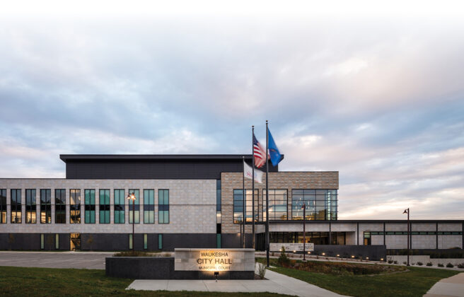 Front head-on view of the new Waukesha City Hall.